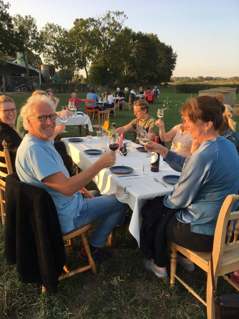 Dinieren auf der Wiese bei Buitengast, Gäste stoßen an einem gedeckten Tisch an